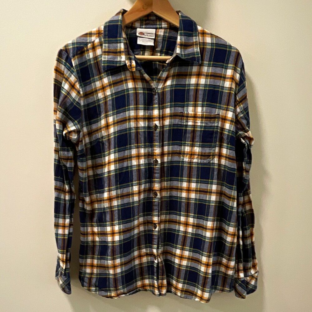 Dickies Women’s Plaid Flannel Collared Long Sleeve Button-Up Shirt, L 90s Grunge